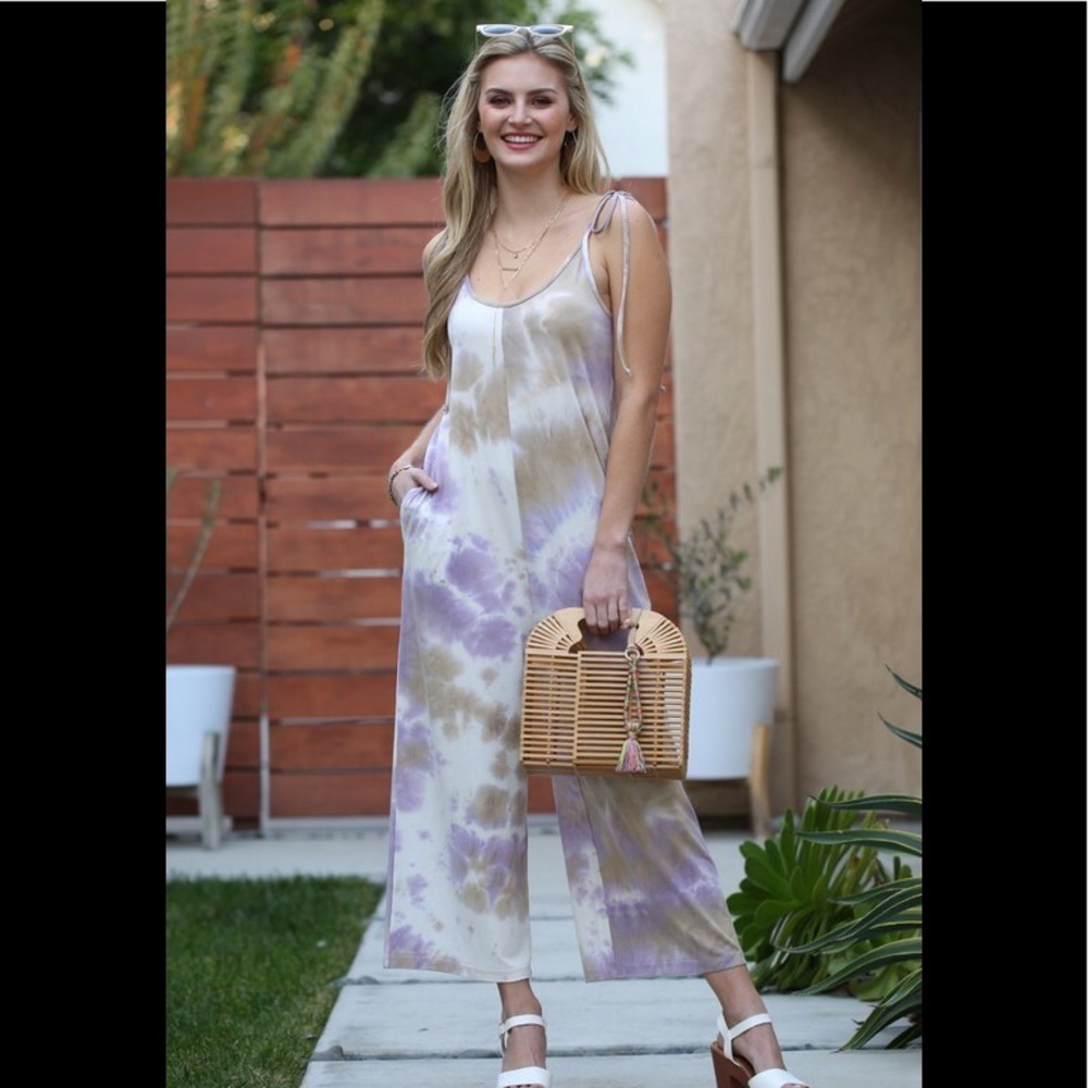 tie dye bow tie shoulder, wide leg romper.